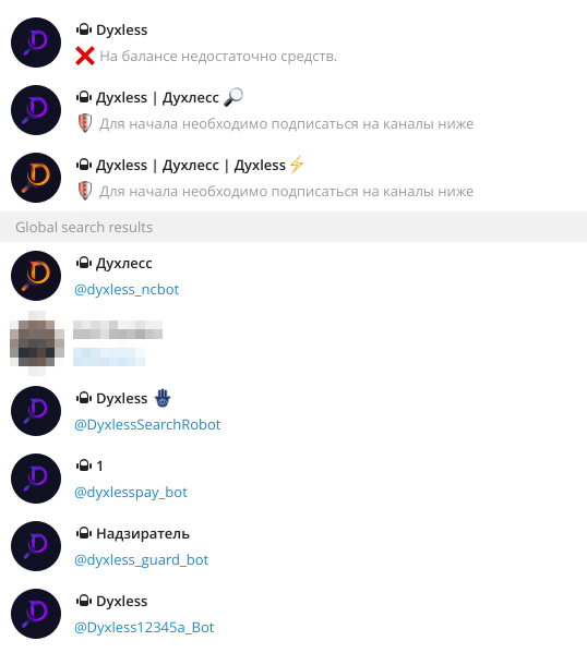 Various fake Telegram accounts mimicking the Dyxless bot.