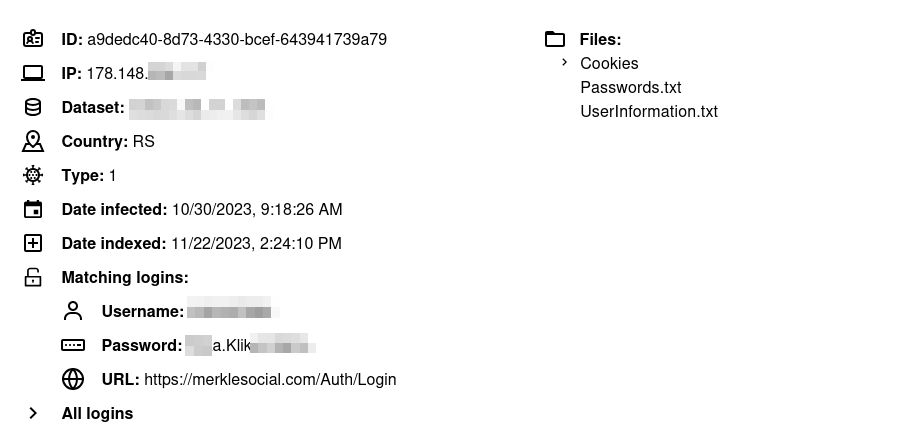 Screenshot from our platform, linking old breach to credentials found in the “breach-files” database.