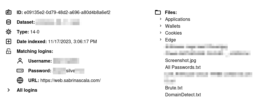 Screenshot from our platform, linking old breach to credentials found in the “ctionbudget-unamepass” database.