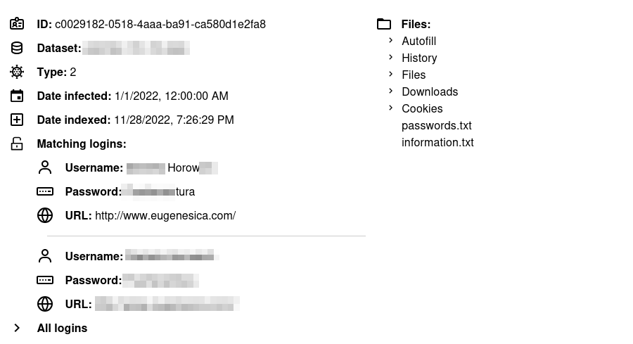 Screenshot from our platform, linking old breach to credentials found in the “logins” database.