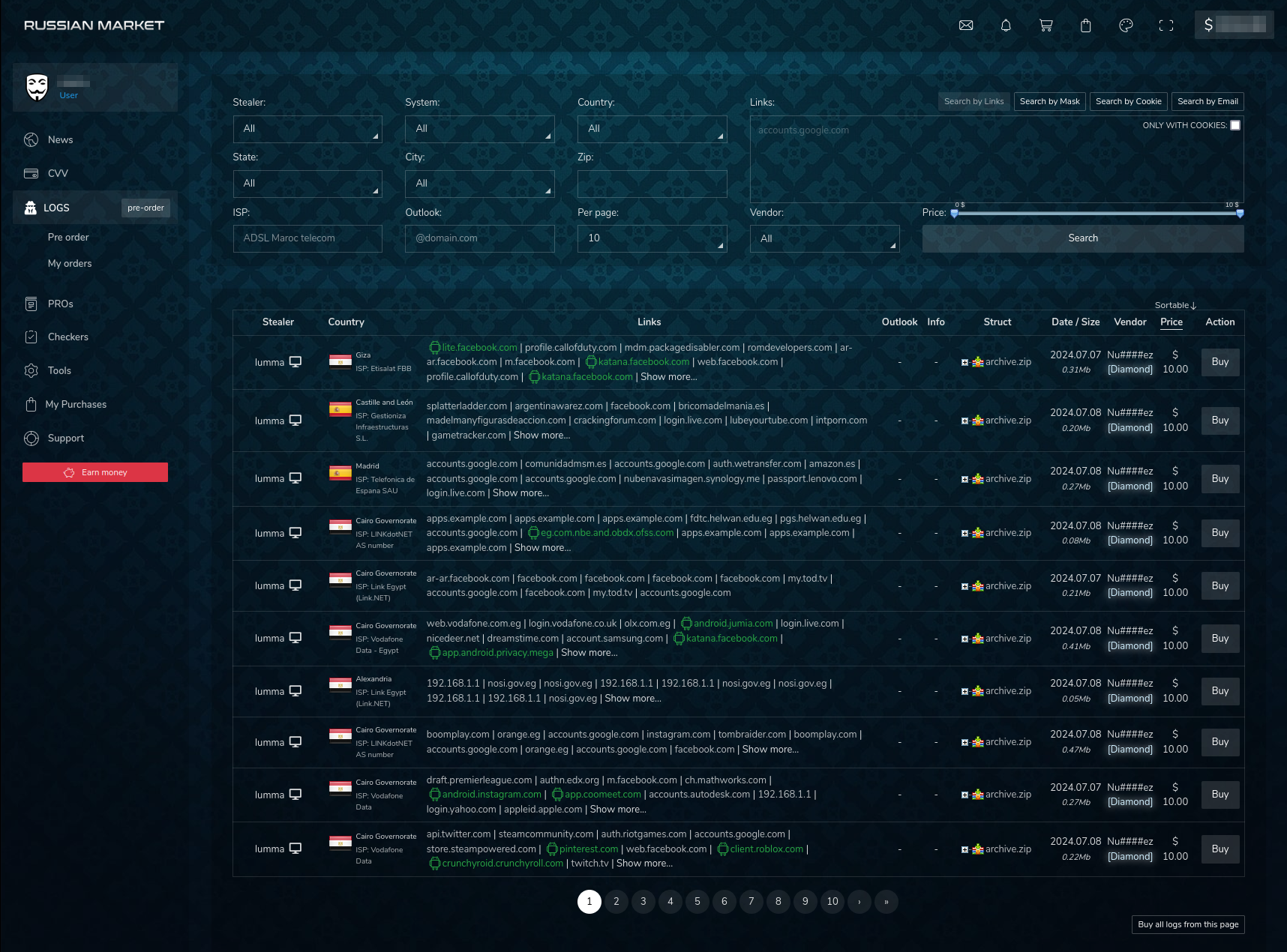 Russian Market, currently the biggest automated darknet marketplace where you can obtain infostealer logs