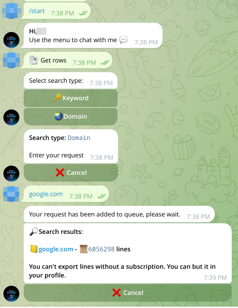 Automated url:log:pass reseller bot on Telegram