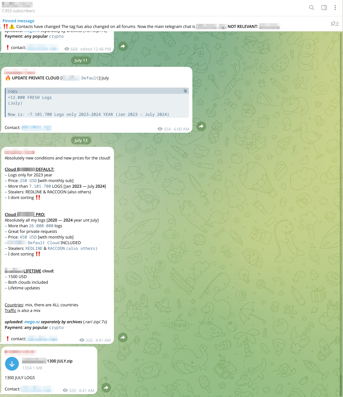 Log cloud channel on Telegram, offering millions of stealer logs collected (mostly) from other semi-public sources